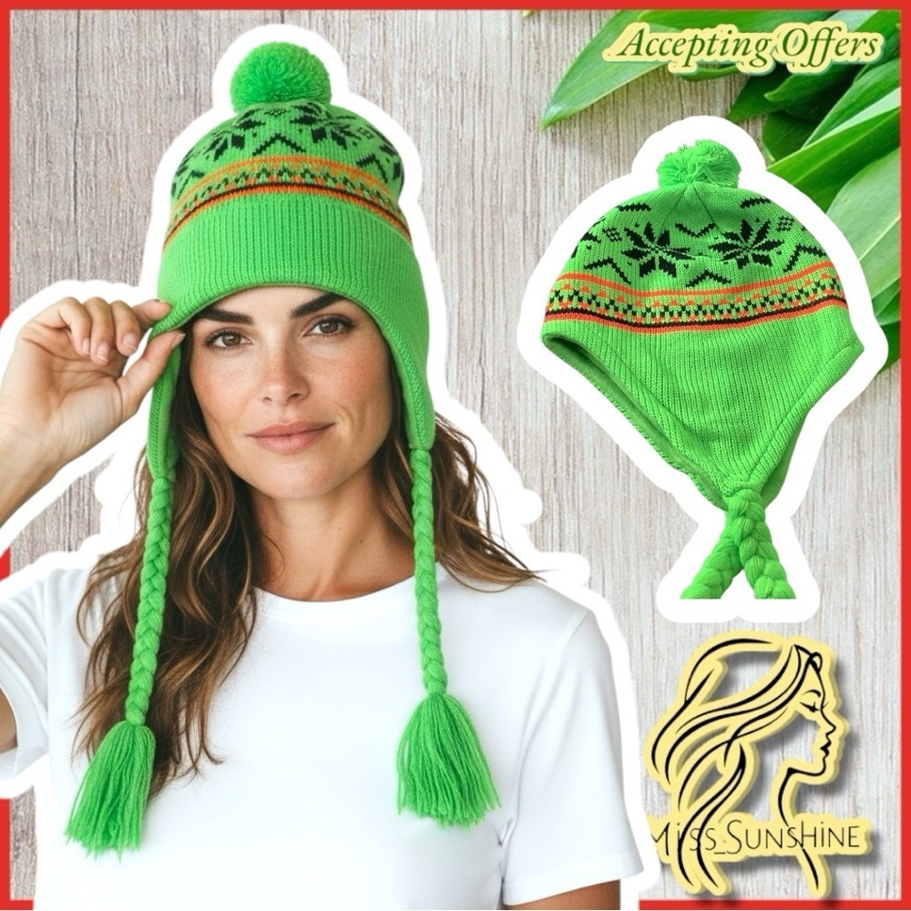 NEW - Pom Hat with braided fringe ends - fleece inside soft & warm